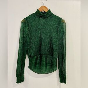 Bailey 44 Metallic Green Crinkled Silky Puff Shoulder Blouse Size Small